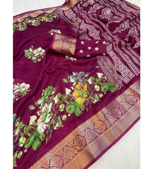 Women's Jacquard Printed Saree With Unstitched Blouse 5.5Mtr (Wine)