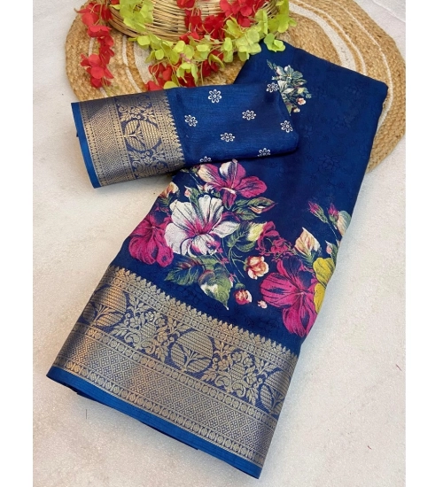 Women's Jacquard Printed Saree With Unstitched Blouse 5.5Mtr (Blue)