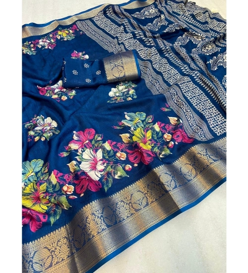 Women's Jacquard Printed Saree With Unstitched Blouse 5.5Mtr (Blue)