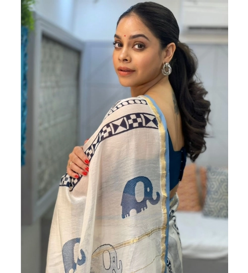 Women's Pure Chanderi Printed Saree With Unstitched Blouse 5.5Mtr (White)