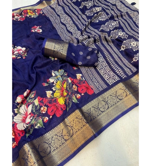Women's Jacquard Printed Saree With Unstitched Blouse 5.5Mtr (Navy Blue)