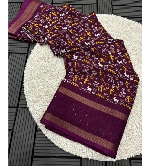 Women's Dola Silk Printed Saree With Unstitched Blouse 5.5Mtr (Wine)
