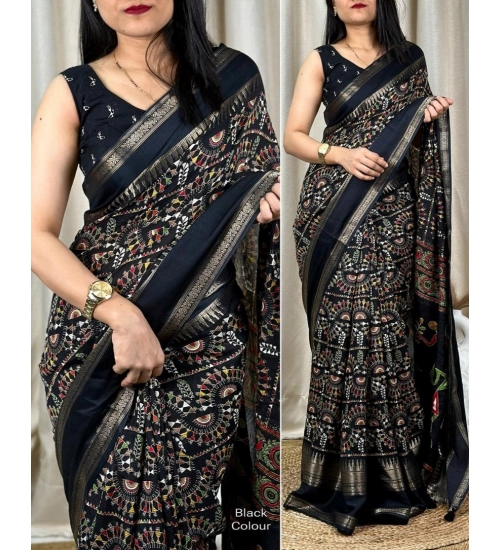 Women's Denting Cotton Printed Saree With Unstitched Blouse 5.5Mtr (Navy Blue)