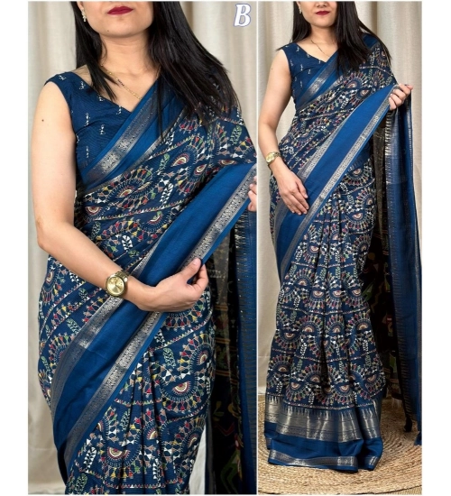 Women's Denting Cotton Printed Saree With Unstitched Blouse 5.5Mtr (Blue)