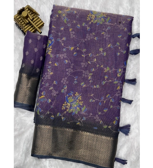 Women's Cotton Zari Printed Saree With Unstitched Blouse 5.5Mtr (Purple)