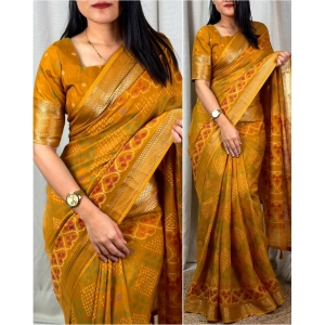Generic Women's Dola Silk Printed Saree With Unstitched Blouse 5.5Mtr (Yellow)