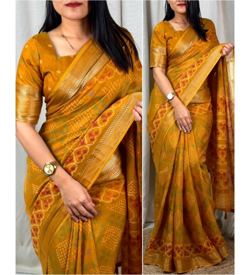 Women's Dola Silk Printed Saree With Unstitched Blouse 5.5Mtr (Yellow)