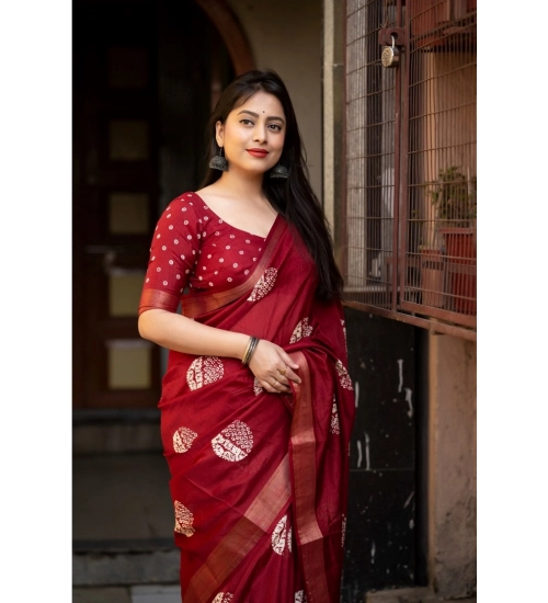 Women's Cotton Crape Printed Saree With Unstitched Blouse 5.5Mtr (Red)