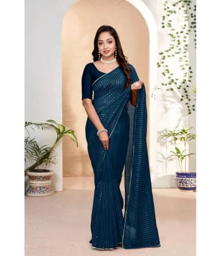 Women's Vichitra Silk Striped Saree With Unstitched Blouse 5.5Mtr (Blue)