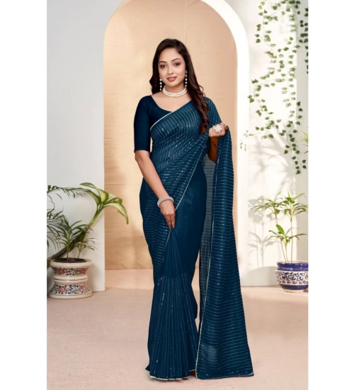 Women's Vichitra Silk Striped Saree With Unstitched Blouse 5.5Mtr (Blue)