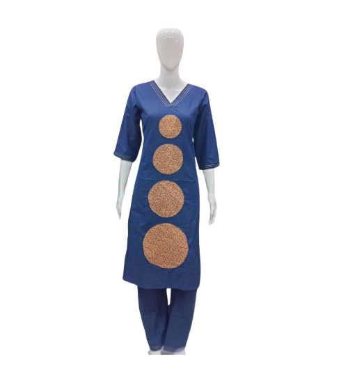 Women's Cotton Blended Printed 3/4th Sleeve V Neck Kurti With Pant Set (Blue)