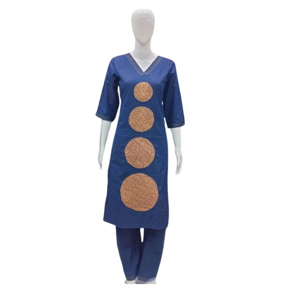 Dropship Women's Cotton Blended Printed 3/4th Sleeve V Neck Kurti With Pant Set (Blue)