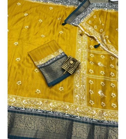 Women's Cotton Silk Printed Saree With Unstitched Blouse 5.5Mtr (Mustard)