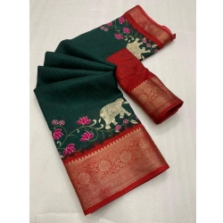 Women's Dola Silk Printed Saree With Unstitched Blouse 5.5Mtr (Green)