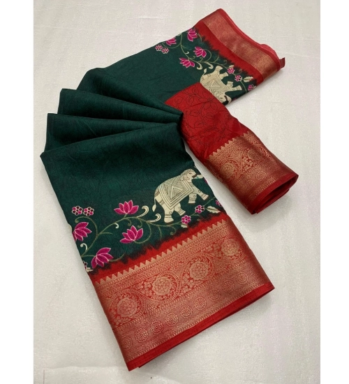 Women's Dola Silk Printed Saree With Unstitched Blouse 5.5Mtr (Green)