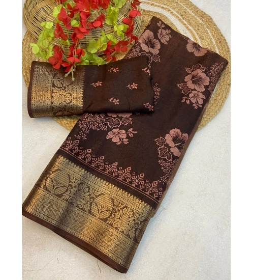 Women's Jacquard Printed Saree With Unstitched Blouse 5.5Mtr (Brown)