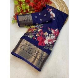 Women's Jacquard Printed Saree With Unstitched Blouse 5.5Mtr (Navy Blue)