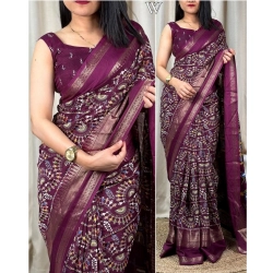 Women's Denting Cotton Printed Saree With Unstitched Blouse 5.5Mtr (Wine)