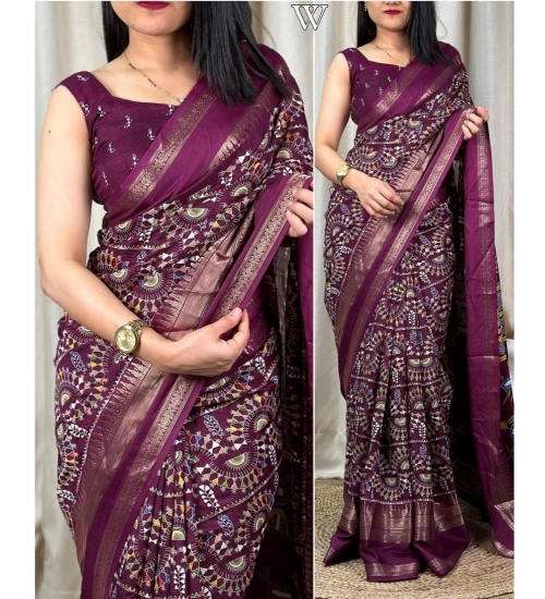 Women's Denting Cotton Printed Saree With Unstitched Blouse 5.5Mtr (Wine)