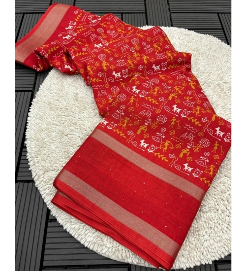 Women's Dola Silk Printed Saree With Unstitched Blouse 5.5Mtr (Red)