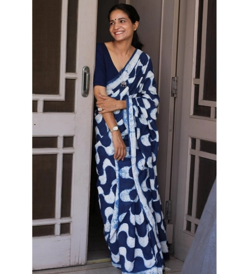 Women's Pure Chanderi Printed Saree With Unstitched Blouse 5.5Mtr (Blue)