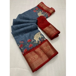 Women's Dola Silk Printed Saree With Unstitched Blouse 5.5Mtr (Grey)