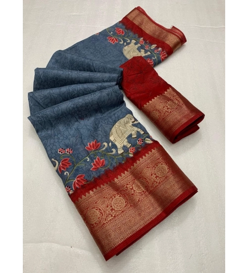 Women's Dola Silk Printed Saree With Unstitched Blouse 5.5Mtr (Grey)