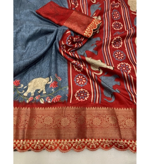 Women's Dola Silk Printed Saree With Unstitched Blouse 5.5Mtr (Grey)