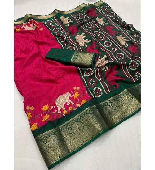 Women's Dola Silk Printed Saree With Unstitched Blouse 5.5Mtr (Pink)