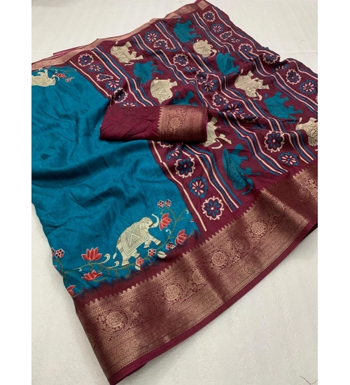 Women's Dola Silk Printed Saree With Unstitched Blouse 5.5Mtr (Blue)