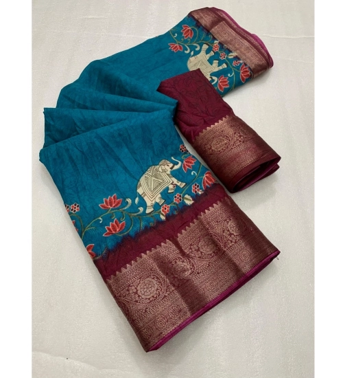 Women's Dola Silk Printed Saree With Unstitched Blouse 5.5Mtr (Blue)
