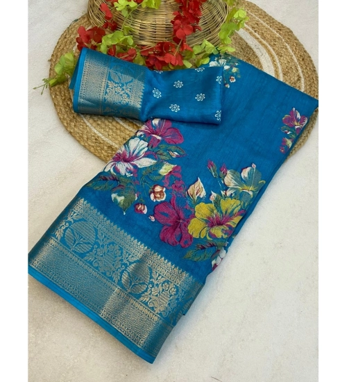 Women's Jacquard Printed Saree With Unstitched Blouse 5.5Mtr (Sky Blue)