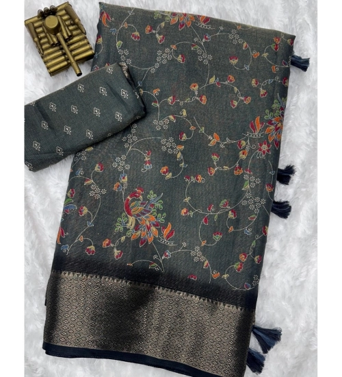 Women's Cotton Zari Printed Saree With Unstitched Blouse 5.5Mtr (Grey)