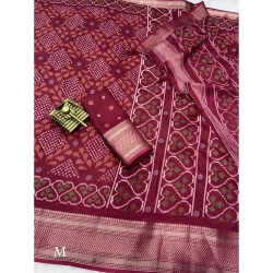 Women's Dola Silk Printed Saree With Unstitched Blouse 5.5Mtr (Maroon)