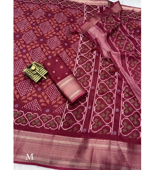 Women's Dola Silk Printed Saree With Unstitched Blouse 5.5Mtr (Maroon)