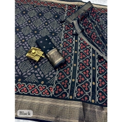 Women's Dola Silk Printed Saree With Unstitched Blouse 5.5Mtr (Black)