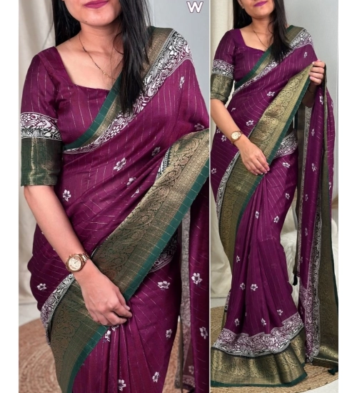 Women's Cotton Silk Printed Saree With Unstitched Blouse 5.5Mtr (Wine)