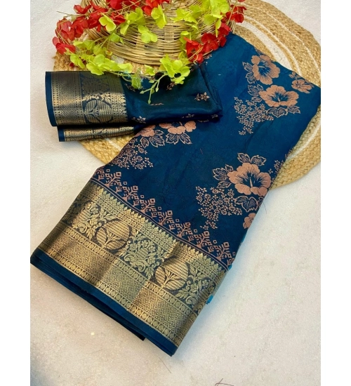 Women's Jacquard Printed Saree With Unstitched Blouse 5.5Mtr (Blue)
