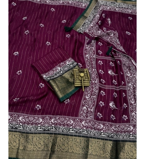 Women's Cotton Silk Printed Saree With Unstitched Blouse 5.5Mtr (Wine)