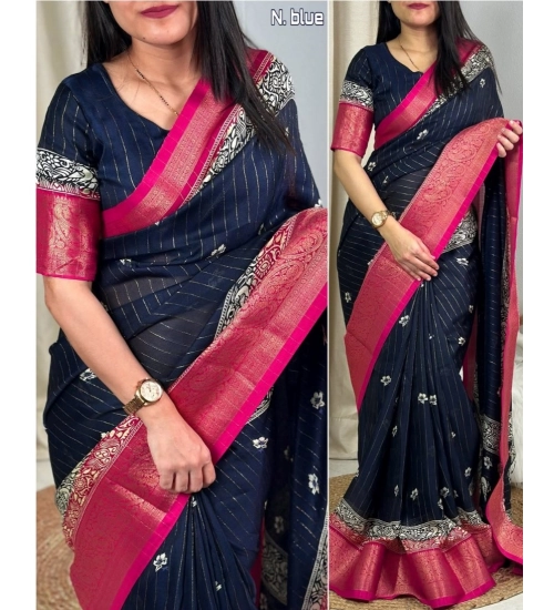 Women's Cotton Silk Printed Saree With Unstitched Blouse 5.5Mtr (Navy Blue)
