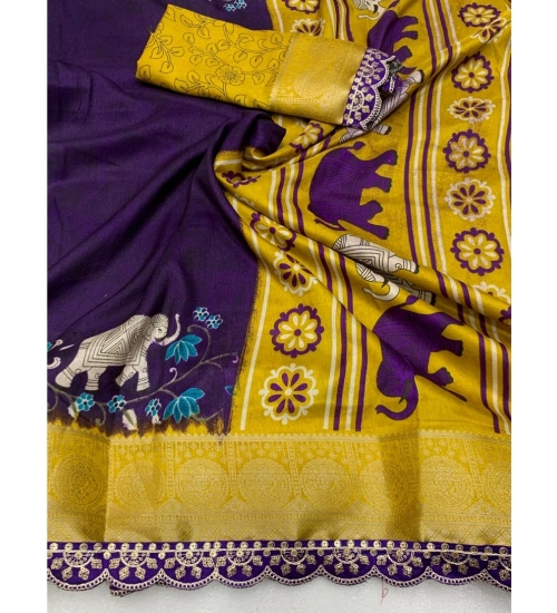 Women's Dola Silk Printed Saree With Unstitched Blouse 5.5Mtr (Purple)