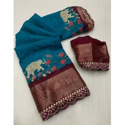 Women's Dola Silk Printed Saree With Unstitched Blouse 5.5Mtr (Blue)