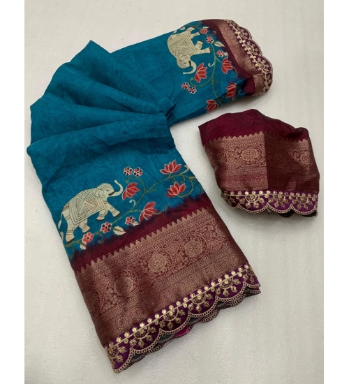 Women's Dola Silk Printed Saree With Unstitched Blouse 5.5Mtr (Blue)