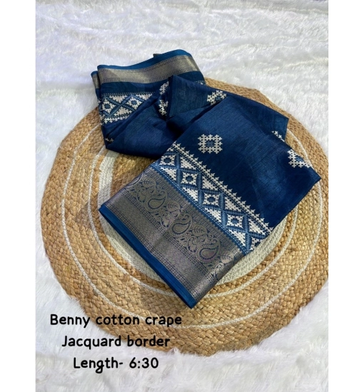 Women's Benny Crape Printed Saree With Unstitched Blouse 5.5Mtr (Blue)