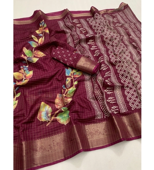 Women's Dola Silk Printed Saree With Unstitched Blouse 5.5Mtr (Wine)
