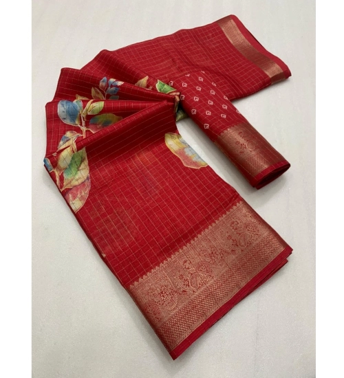 Women's Dola Silk Printed Saree With Unstitched Blouse 5.5Mtr (Red)
