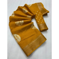 Women's Cotton Crape Printed Saree With Unstitched Blouse 5.5Mtr (Yellow)