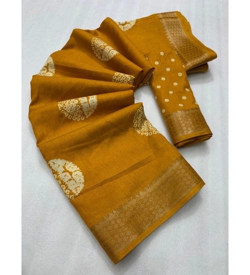 Women's Cotton Crape Printed Saree With Unstitched Blouse 5.5Mtr (Yellow)