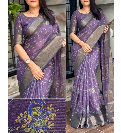 Women's Cotton Zari Printed Saree With Unstitched Blouse 5.5Mtr (Purple)