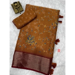 Women's Cotton Zari Printed Saree With Unstitched Blouse 5.5Mtr (Mustard)